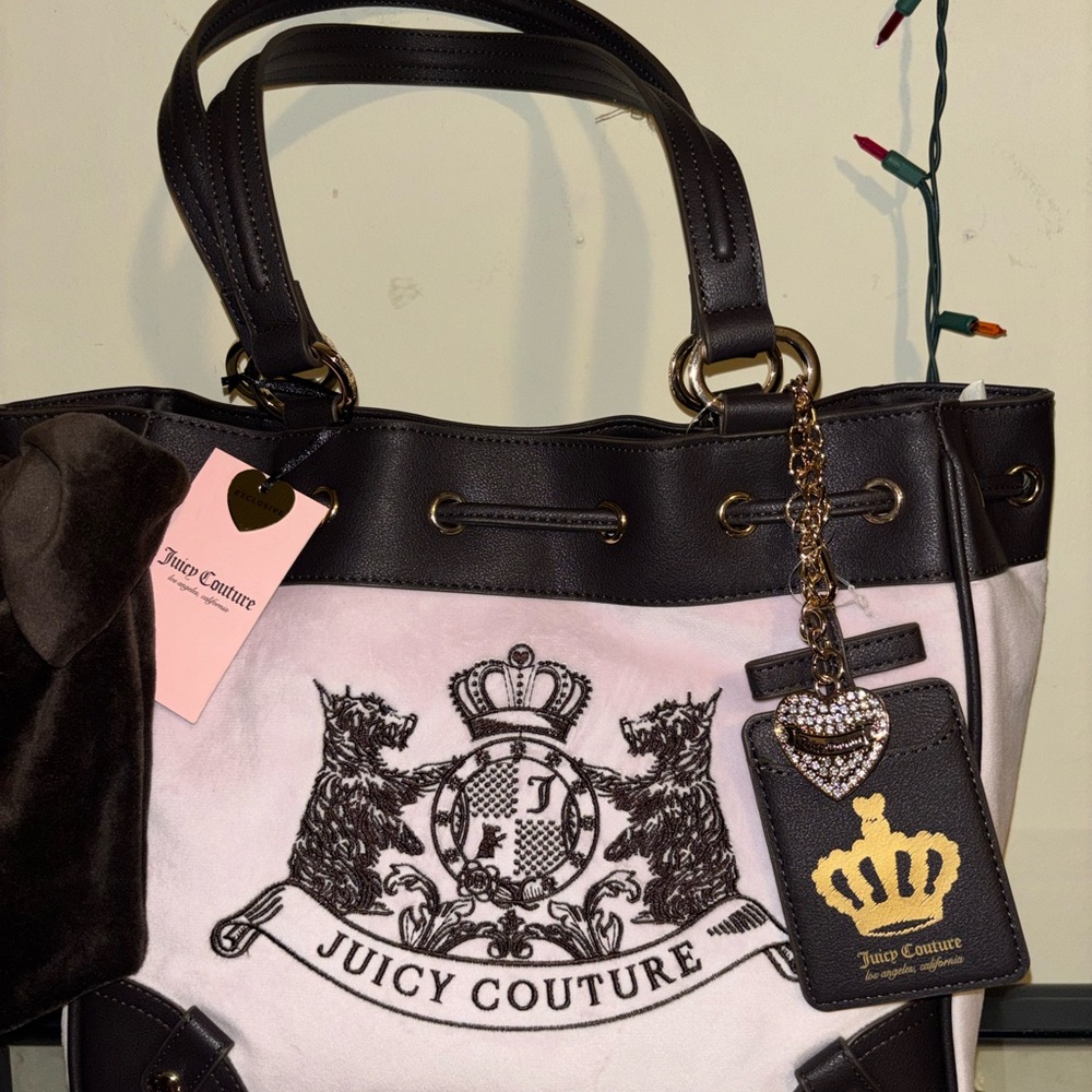 Juicy Couture Pink and Black Crest Tote with Charm